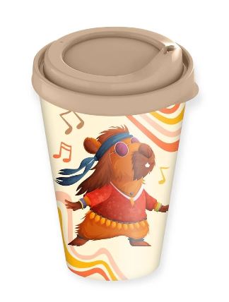 Стакан с крышкой 420мл с декором с колпачком Капибары (бежевый)